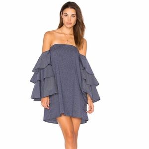 FAITHFULL navy off the shoulder dress.